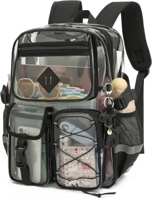 Clear Backpack for Girls Women, Heavy Duty Transparent School Backpack Bookbag with Giraffe Keychain (Black)