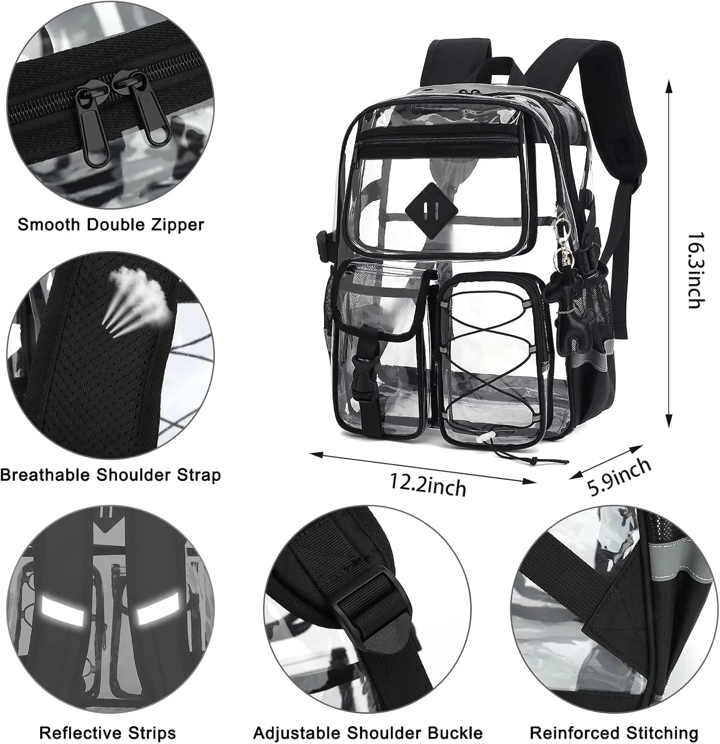 Clear Backpack for Girls Women, Heavy Duty Transparent School Backpack Bookbag with Giraffe Keychain (Black)