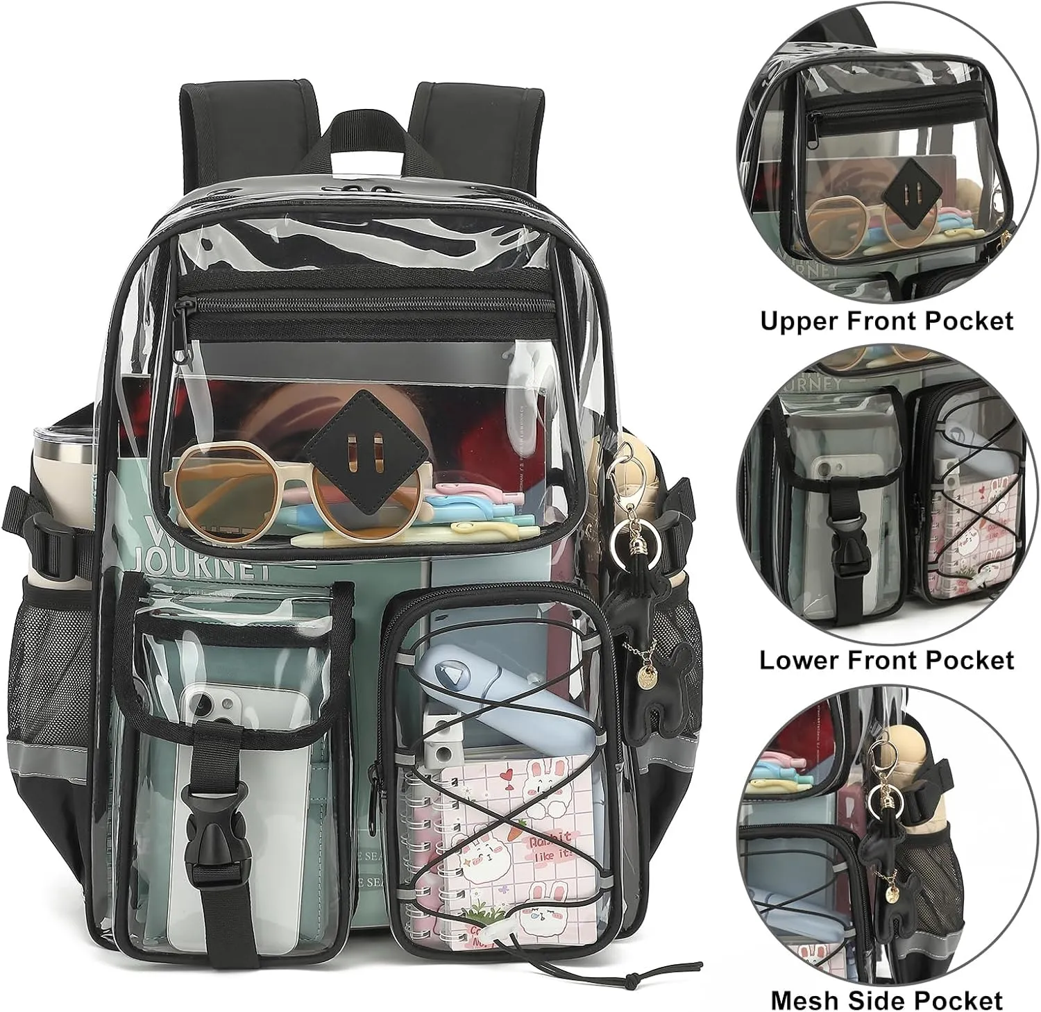 Clear Backpack for Girls Women, Heavy Duty Transparent School Backpack Bookbag with Giraffe Keychain (Black)