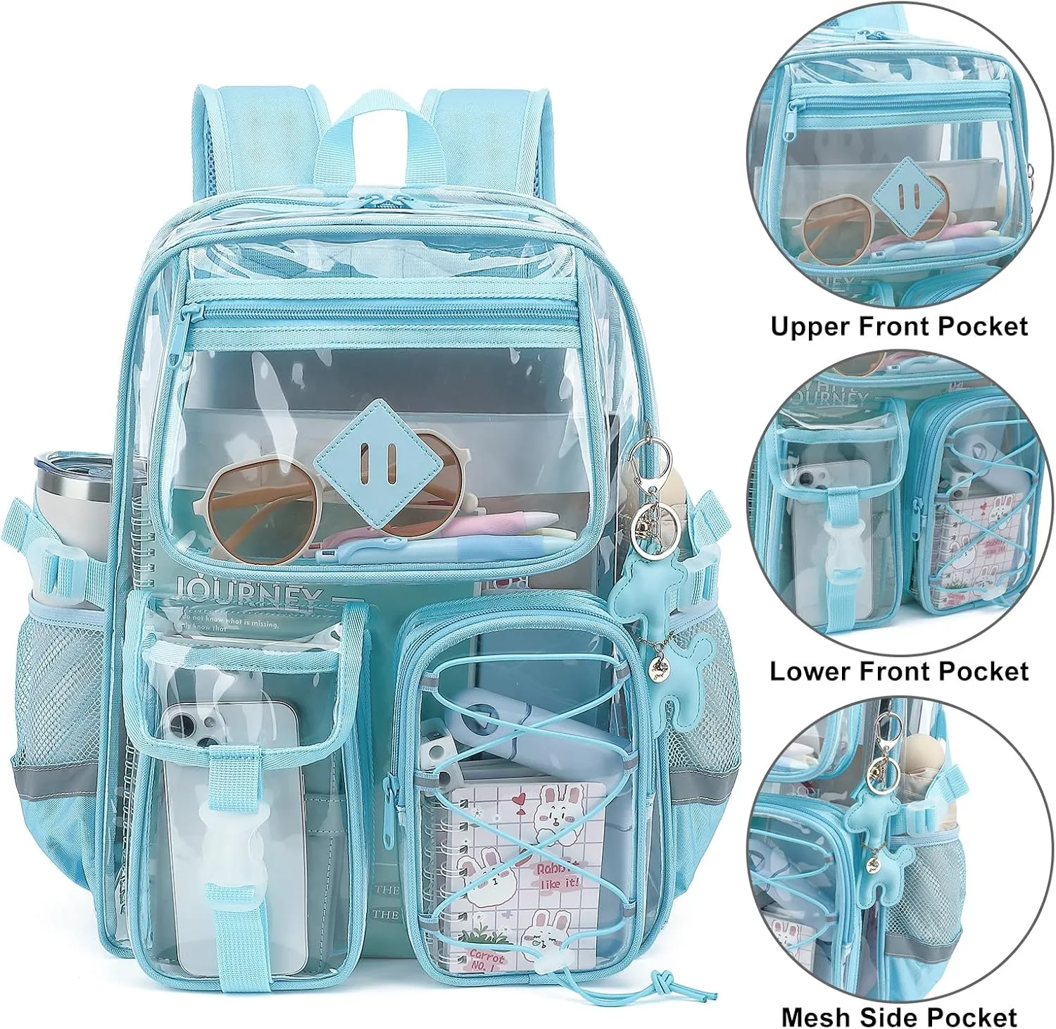 Clear Backpack for Girls Women, Heavy Duty Transparent School Backpack Bookbag with Giraffe Keychain (Blue)