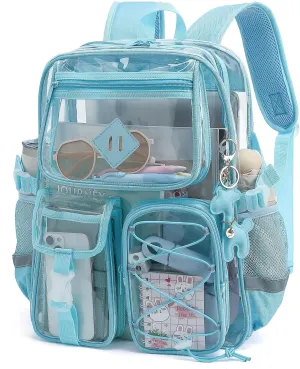 Clear Backpack for Girls Women, Heavy Duty Transparent School Backpack Bookbag with Giraffe Keychain (Blue)