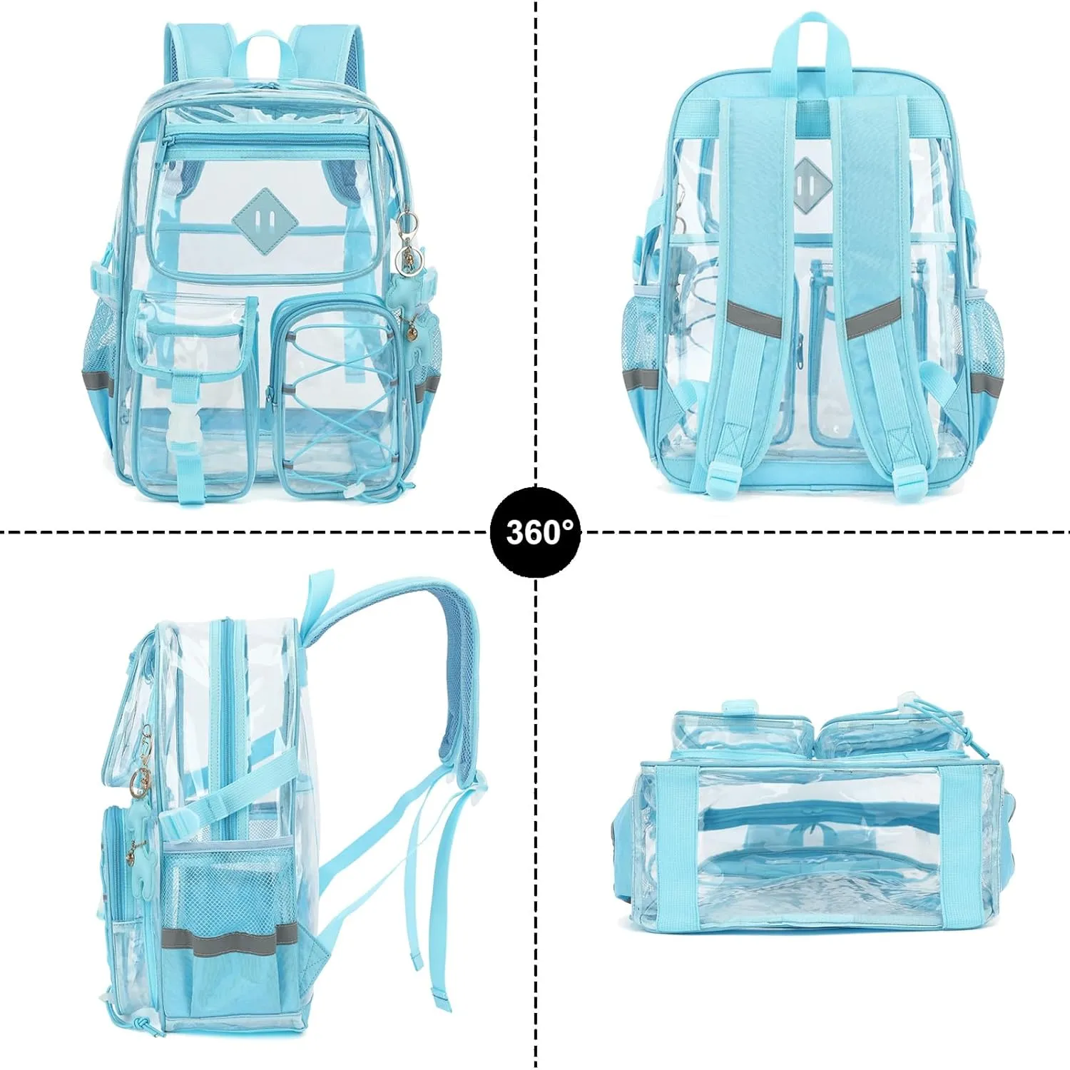 Clear Backpack for Girls Women, Heavy Duty Transparent School Backpack Bookbag with Giraffe Keychain (Blue)