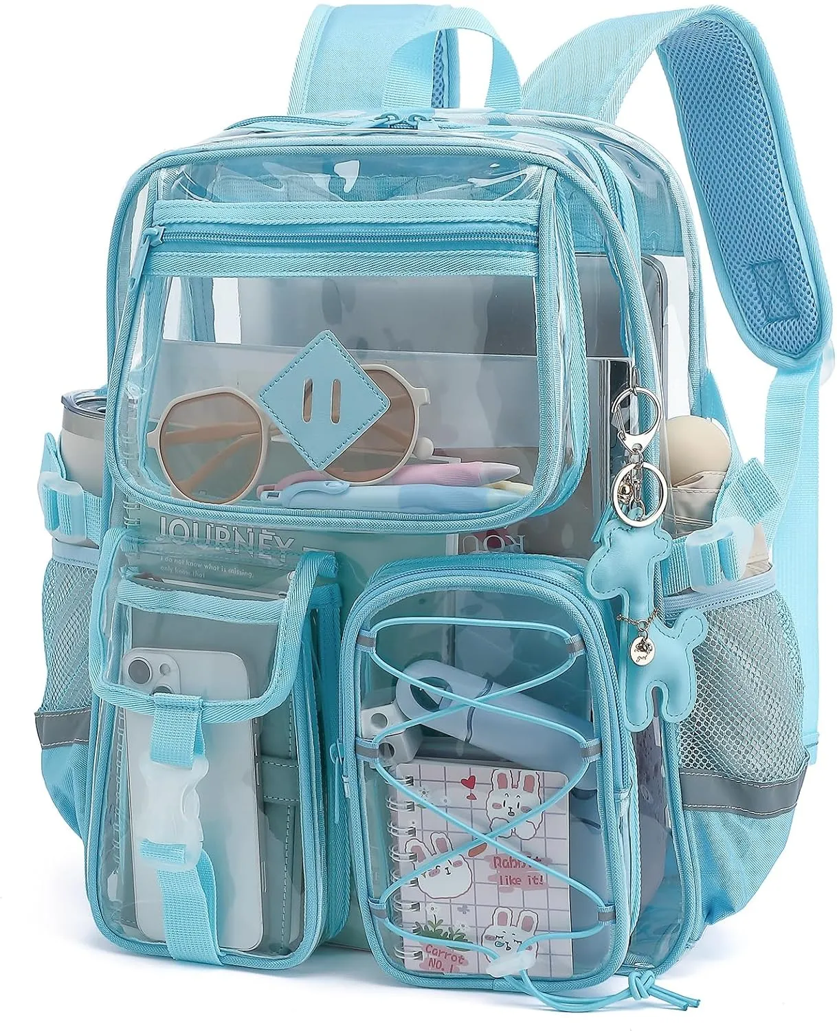 Clear Backpack for Girls Women, Heavy Duty Transparent School Backpack Bookbag with Giraffe Keychain (Blue)