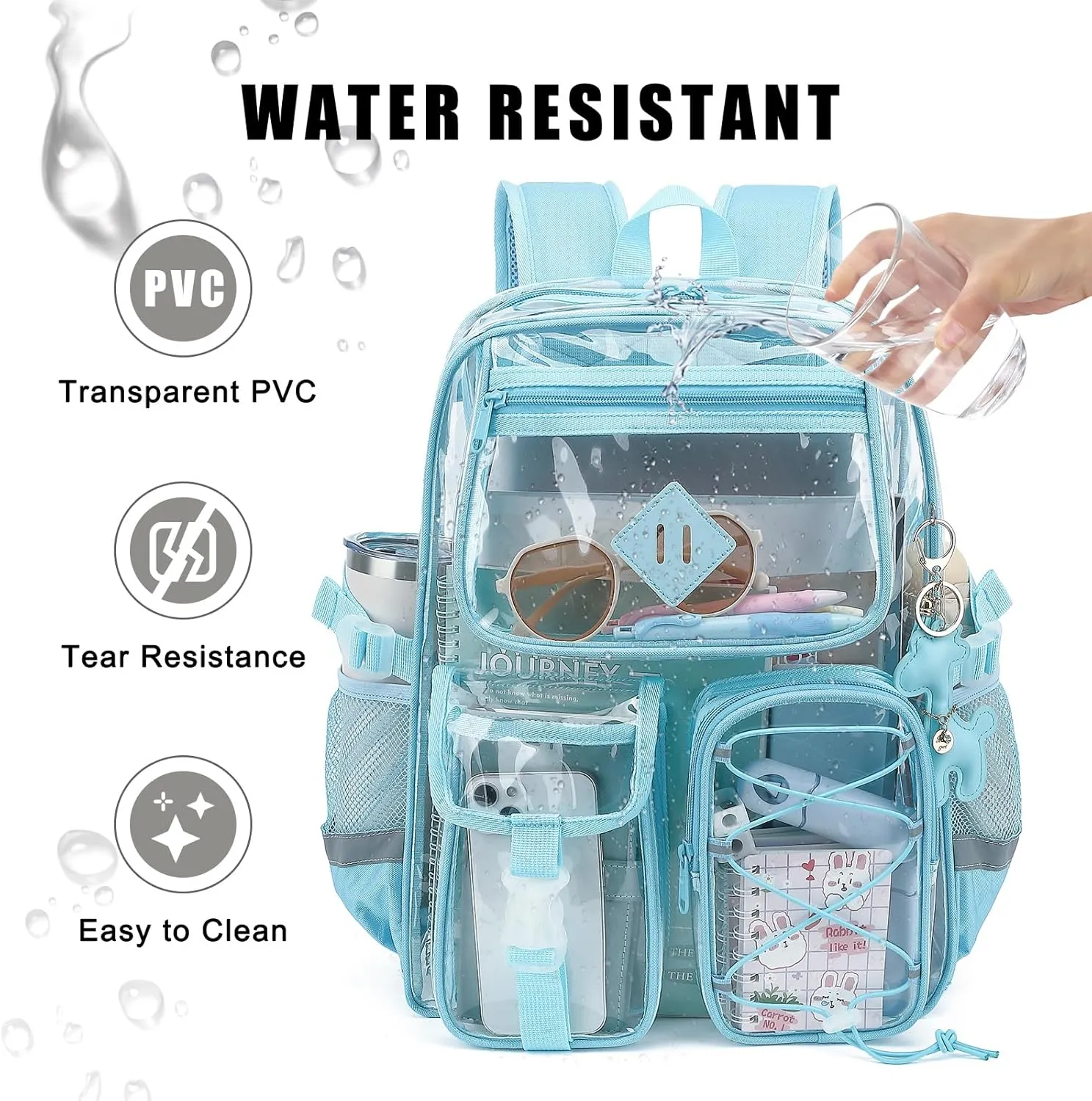 Clear Backpack for Girls Women, Heavy Duty Transparent School Backpack Bookbag with Giraffe Keychain (Blue)