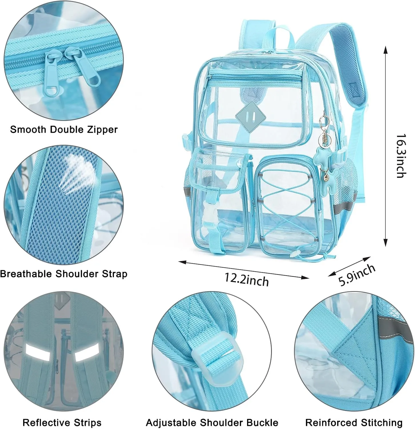 Clear Backpack for Girls Women, Heavy Duty Transparent School Backpack Bookbag with Giraffe Keychain (Blue)