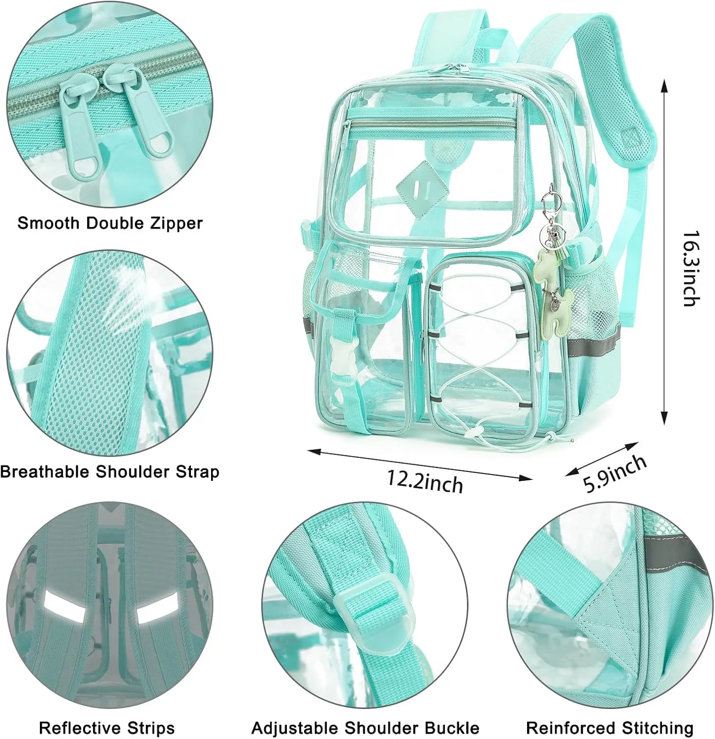 Clear Backpack for Girls Women, Heavy Duty Transparent School Backpack Bookbag with Giraffe Keychain (Green)
