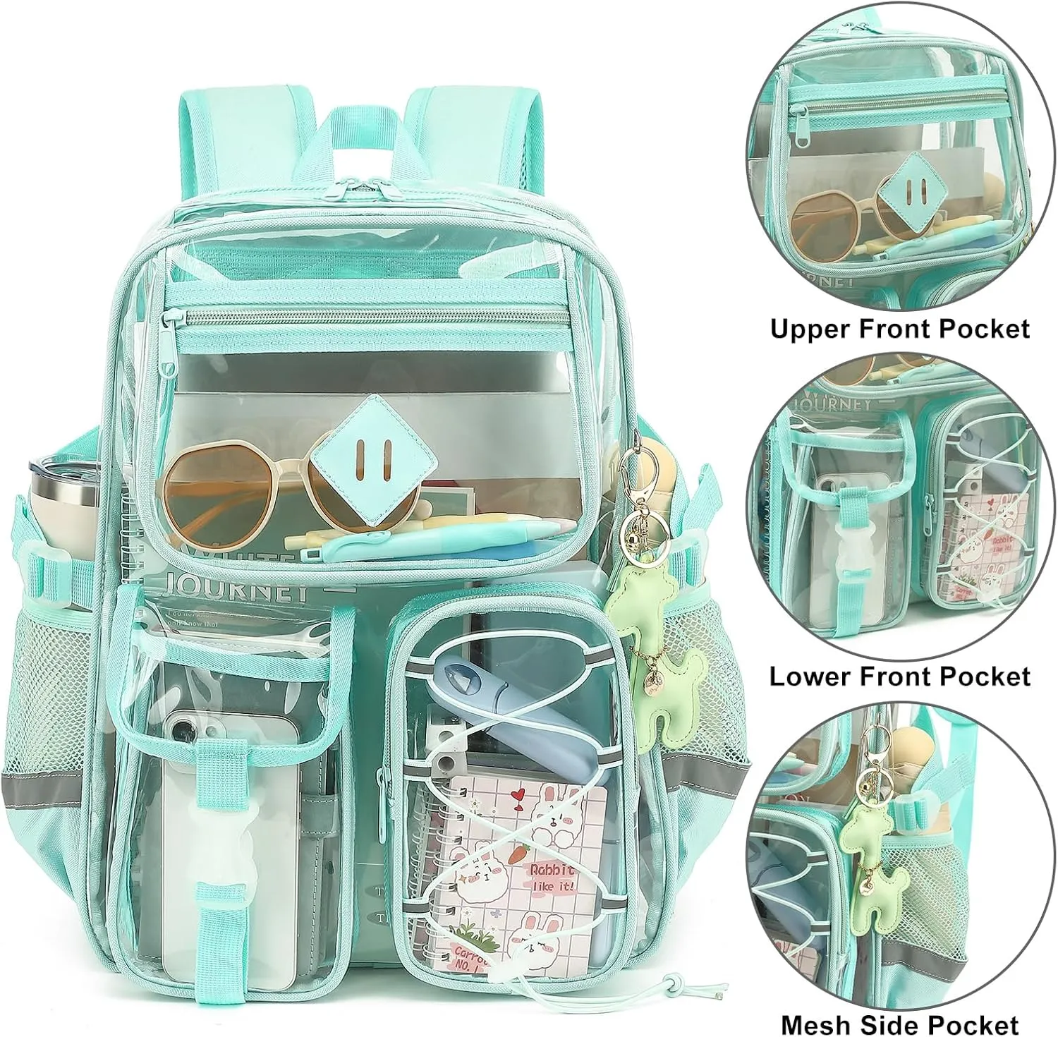 Clear Backpack for Girls Women, Heavy Duty Transparent School Backpack Bookbag with Giraffe Keychain (Green)