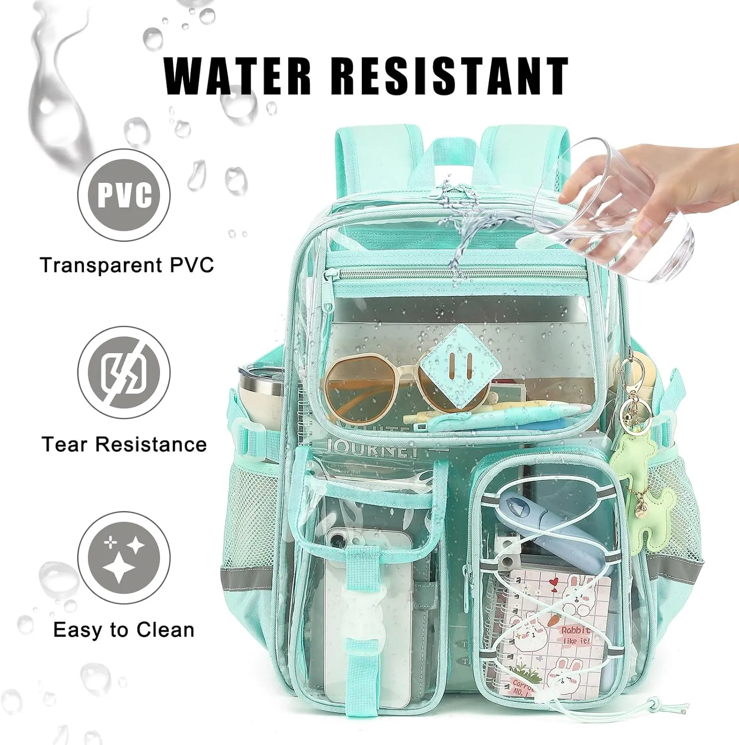 Clear Backpack for Girls Women, Heavy Duty Transparent School Backpack Bookbag with Giraffe Keychain (Green)