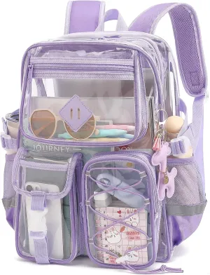 Clear Backpack for Girls Women, Heavy Duty Transparent School Backpack Bookbag with Giraffe Keychain (Lavender Purple)
