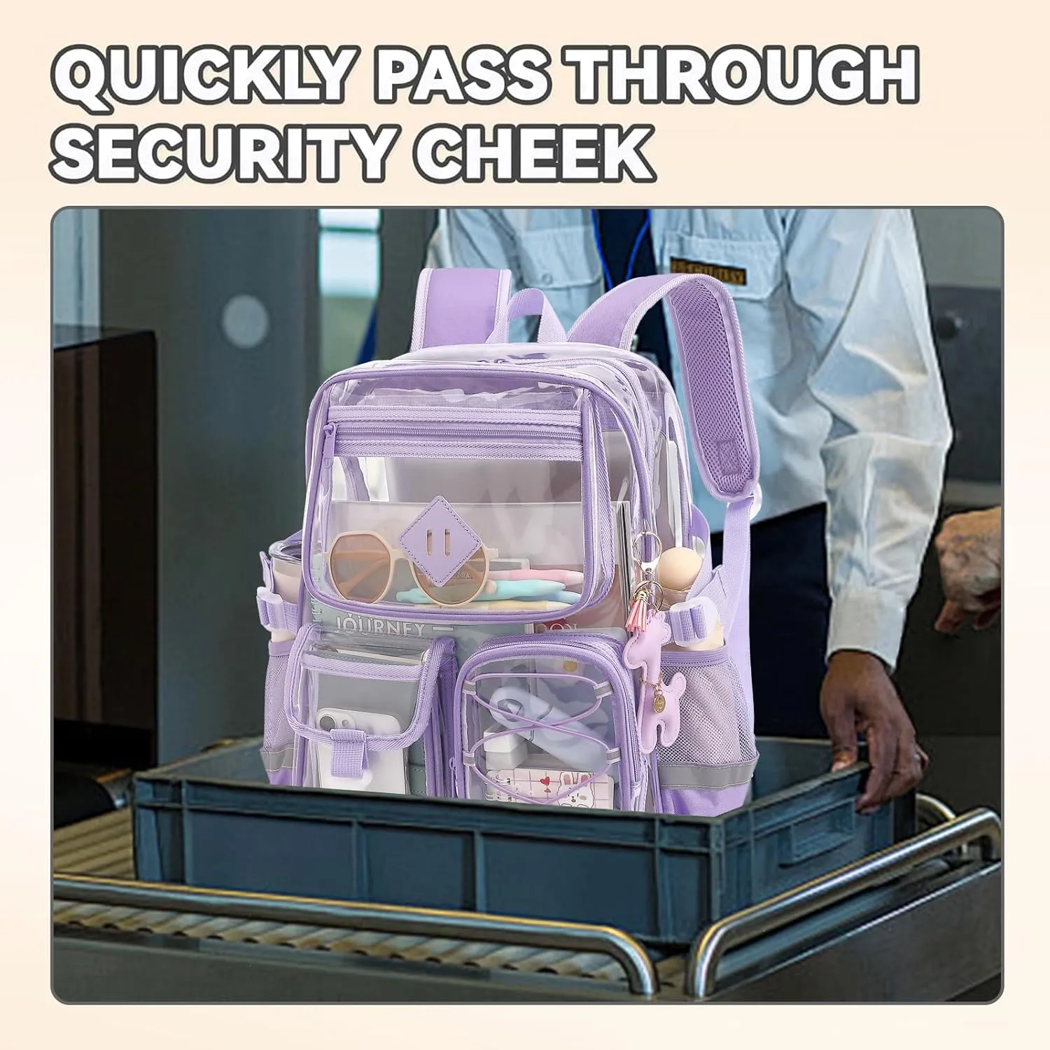 Clear Backpack for Girls Women, Heavy Duty Transparent School Backpack Bookbag with Giraffe Keychain (Lavender Purple)