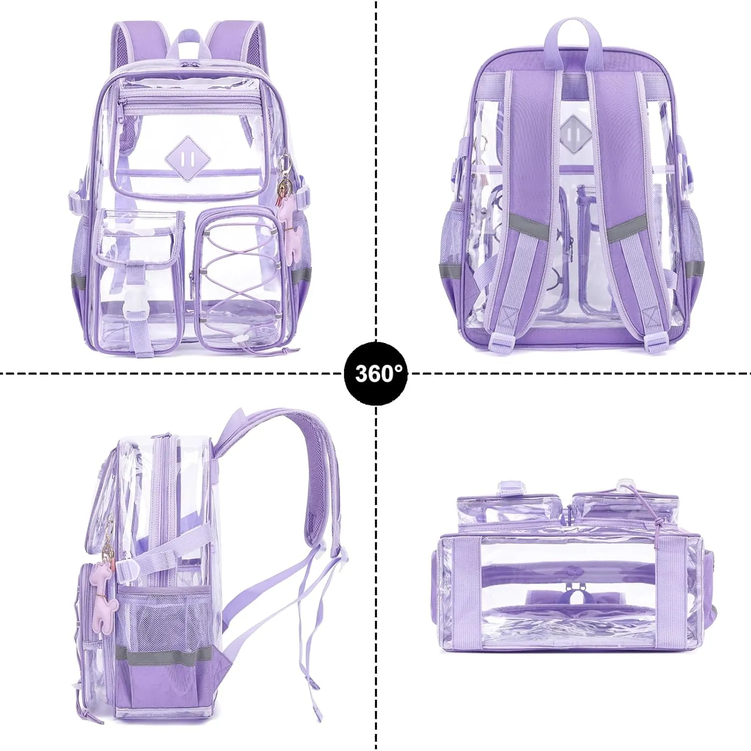 Clear Backpack for Girls Women, Heavy Duty Transparent School Backpack Bookbag with Giraffe Keychain (Lavender Purple)