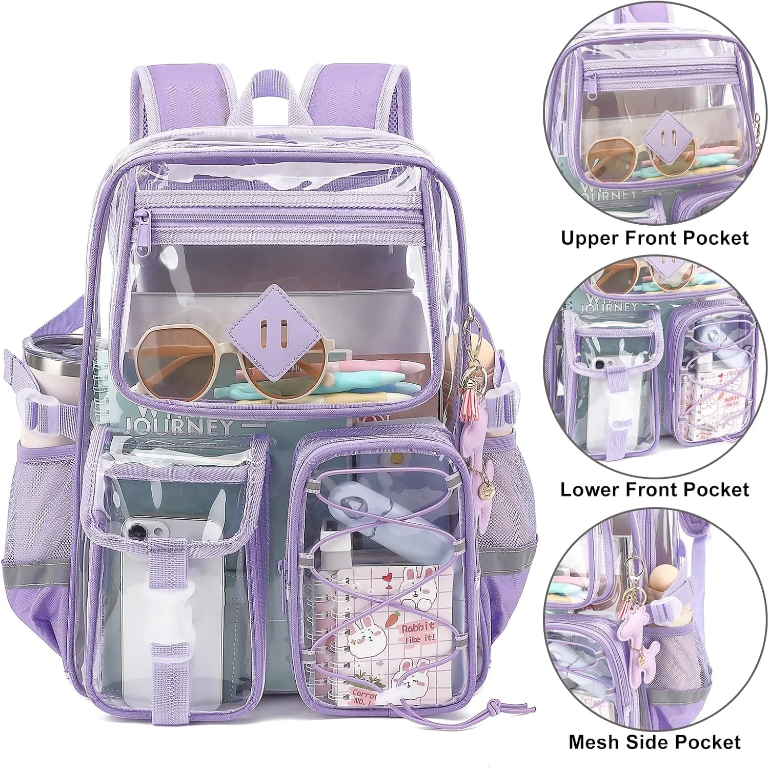 Clear Backpack for Girls Women, Heavy Duty Transparent School Backpack Bookbag with Giraffe Keychain (Lavender Purple)