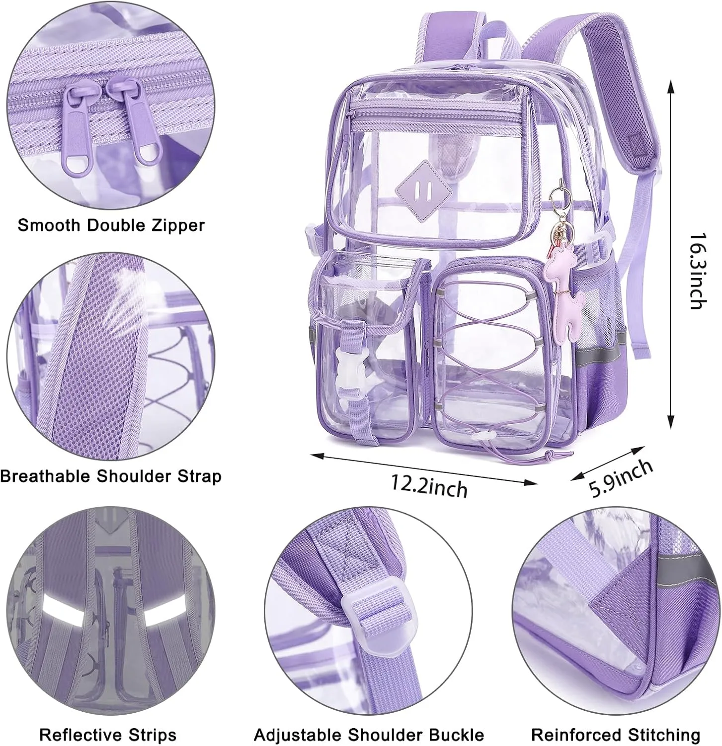 Clear Backpack for Girls Women, Heavy Duty Transparent School Backpack Bookbag with Giraffe Keychain (Lavender Purple)