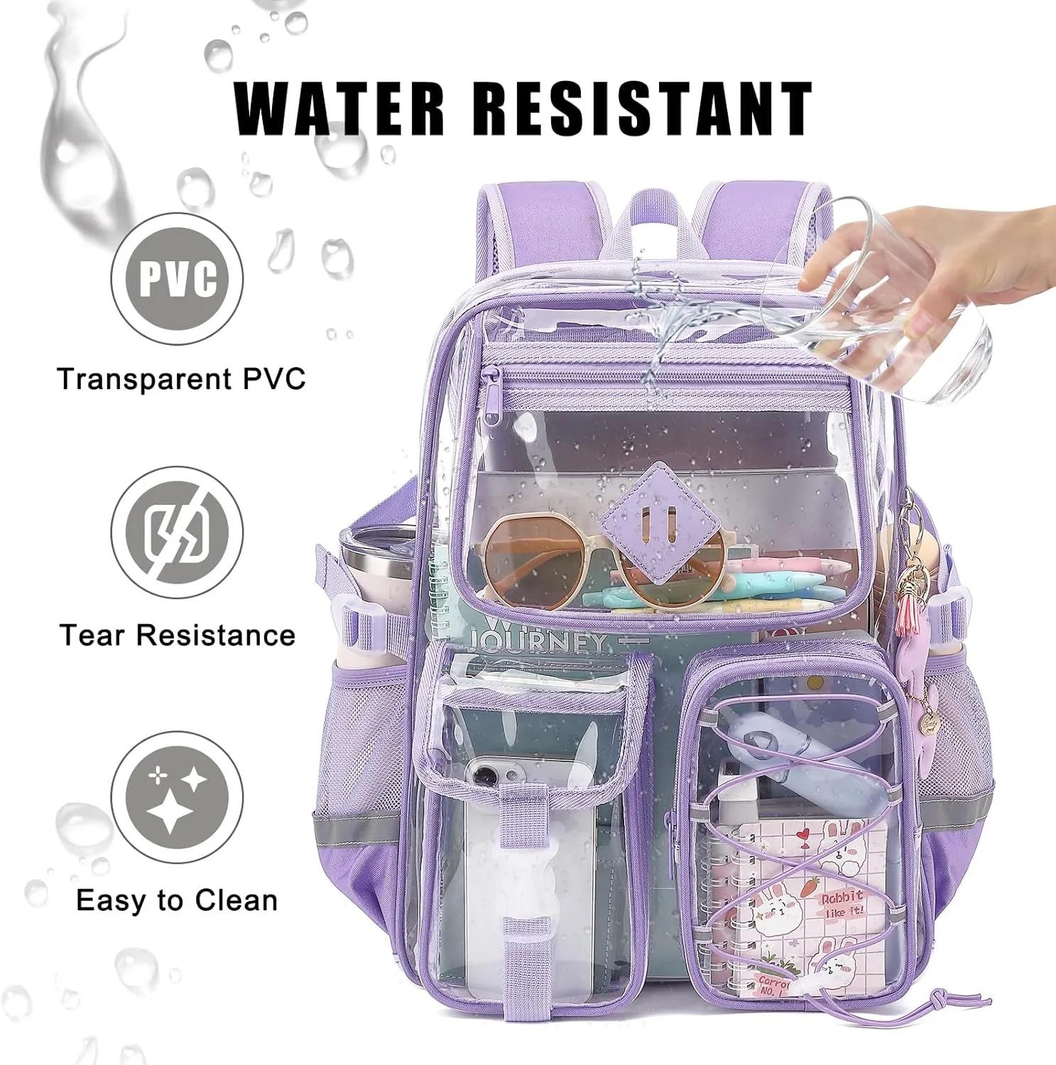 Clear Backpack for Girls Women, Heavy Duty Transparent School Backpack Bookbag with Giraffe Keychain (Lavender Purple)