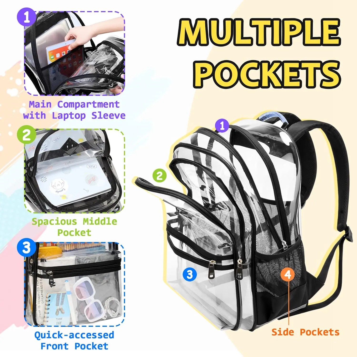 Clear Backpack for School, Heavy Duty Clear Bookbag PVC Transparent Backpack See Through Back pack for Boys Girls Women Men for Stadium Events College Work,Black