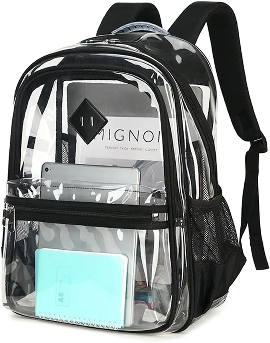 Clear Backpack for School, Heavy Duty Clear Bookbag PVC Transparent Backpack See Through Back pack for Boys Girls Women Men for Stadium Events College Work,Black