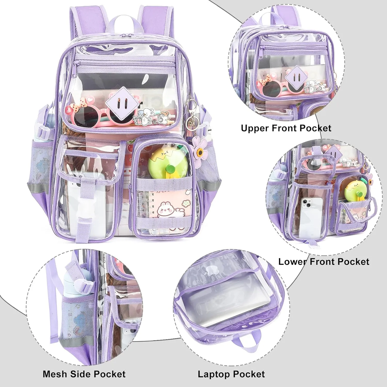 Clear Backpack for School, Heavy Duty Transparent Bookbag for Girls Women with Sunflower Keychain