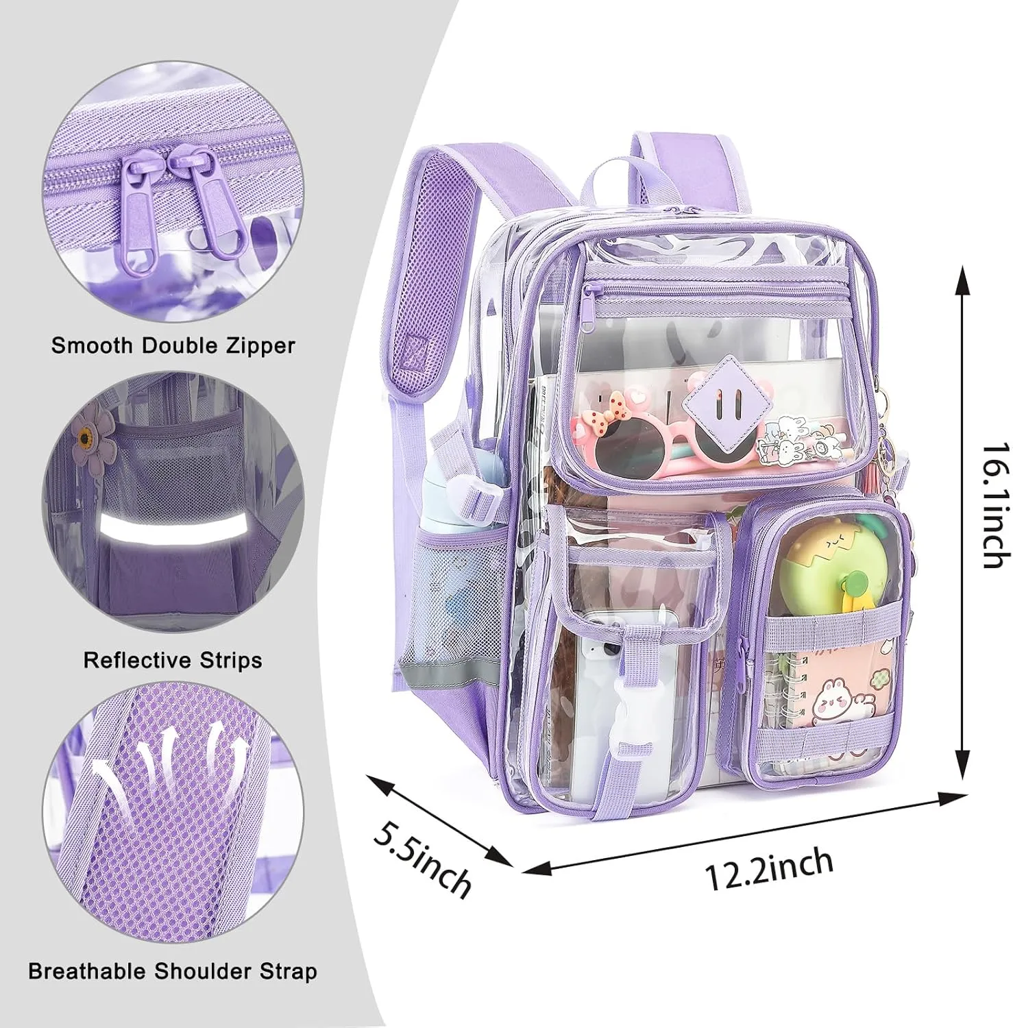 Clear Backpack for School, Heavy Duty Transparent Bookbag for Girls Women with Sunflower Keychain