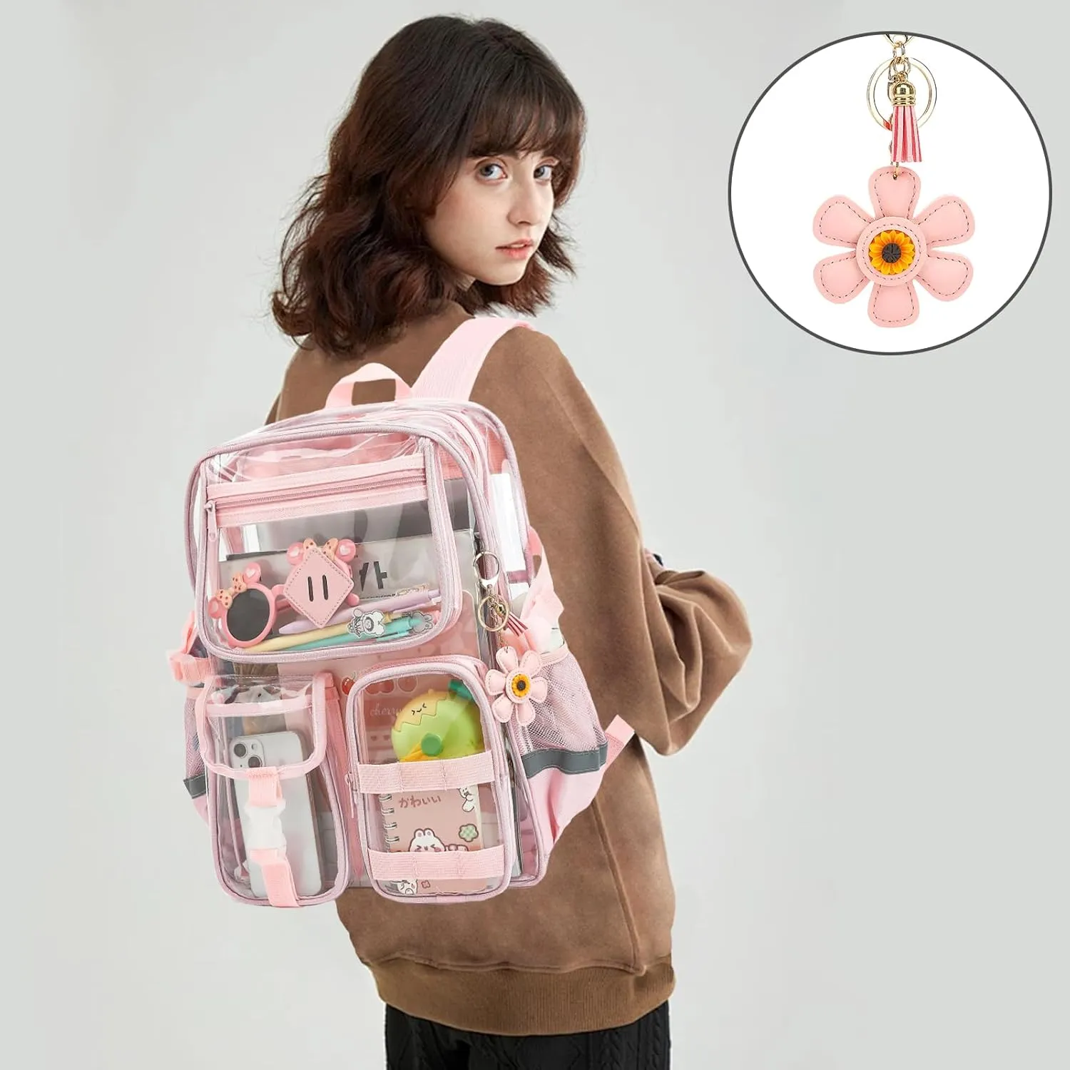 Clear Backpack for School, Heavy Duty Transparent Bookbag for Girls Women with Sunflower Keychain