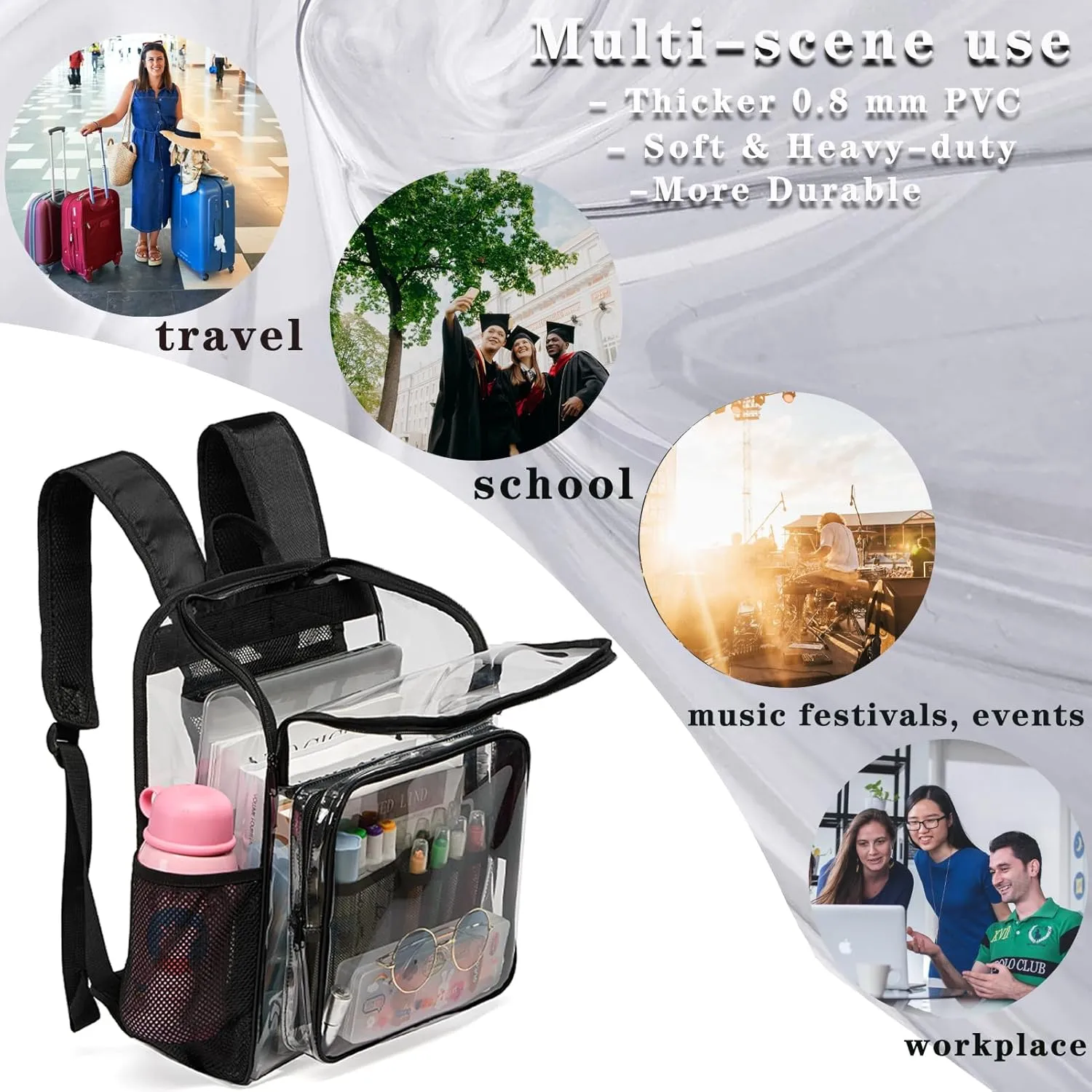 Clear Backpack for School Large Clear Bookbag with Multi-Pockets PVC Transparent Backpack for Boys Girls, Black