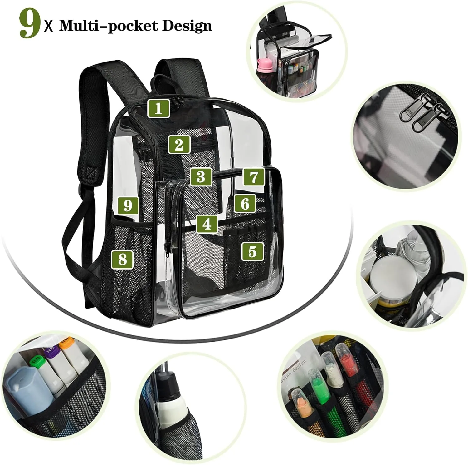 Clear Backpack for School Large Clear Bookbag with Multi-Pockets PVC Transparent Backpack for Boys Girls, Black