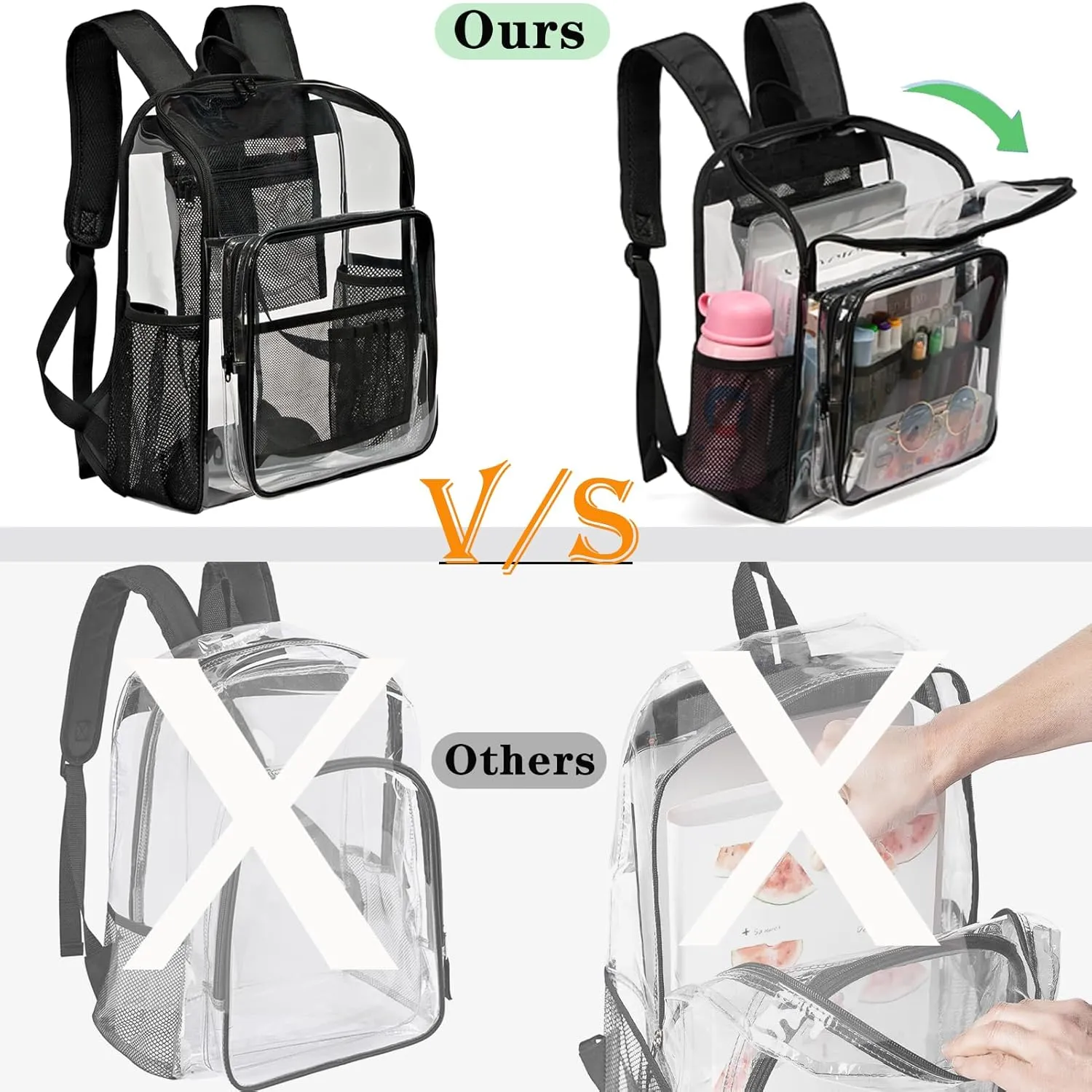 Clear Backpack for School Large Clear Bookbag with Multi-Pockets PVC Transparent Backpack for Boys Girls, Black