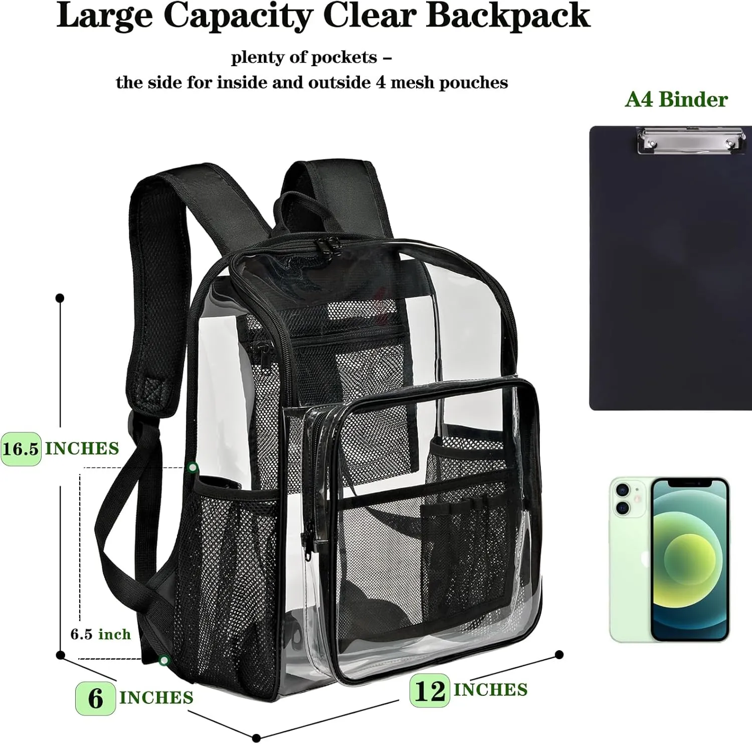 Clear Backpack for School Large Clear Bookbag with Multi-Pockets PVC Transparent Backpack for Boys Girls, Black