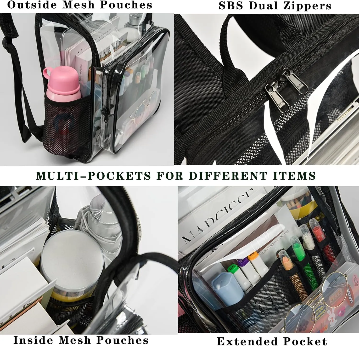 Clear Backpack for School Large Clear Bookbag with Multi-Pockets PVC Transparent Backpack for Boys Girls, Black