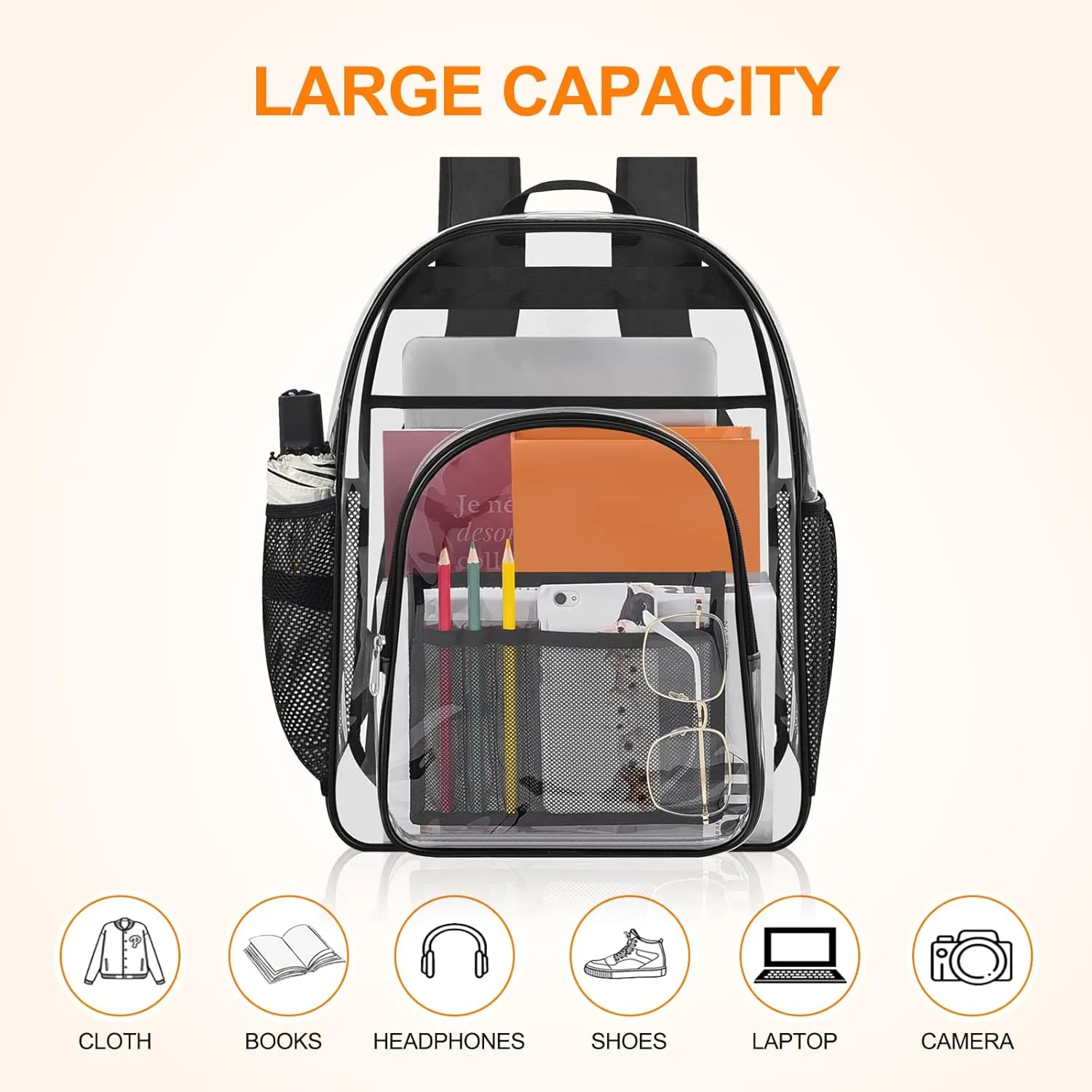 Clear Backpack for Stadium Events - See Through Clear Bag for Stadium Events, Clear Purse for Women Men, Concert Backpack for Sports Events Work Travel Back to School