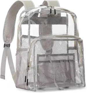 Clear Backpack Heavy Duty, 17 Inch Large TPU Clear Bookbag for Boys Girls Adult, See Through Book Bag Transparent Backpacks with Multiple Pockets for School College Work Casual Sport, Grey