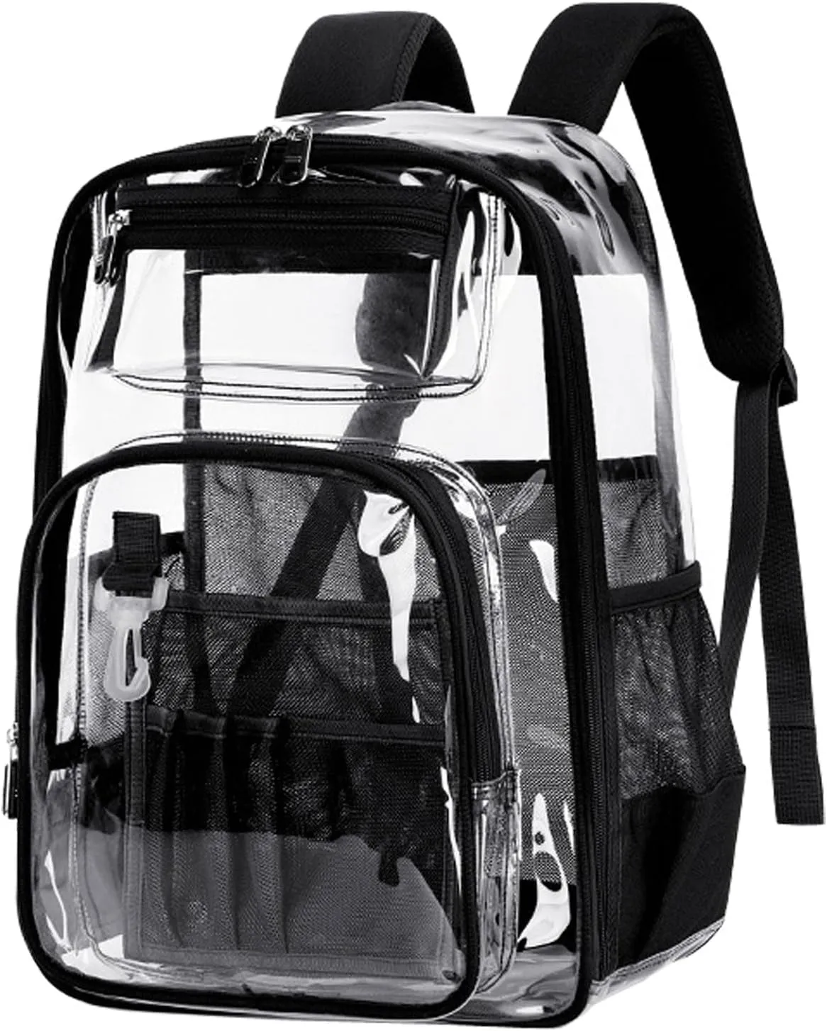 Clear Backpack, Heavy Duty Clear Bags Transparent Bookbag with Multi-Pockets for School Students Work Travel 3Pcs (Clear Bag Black)