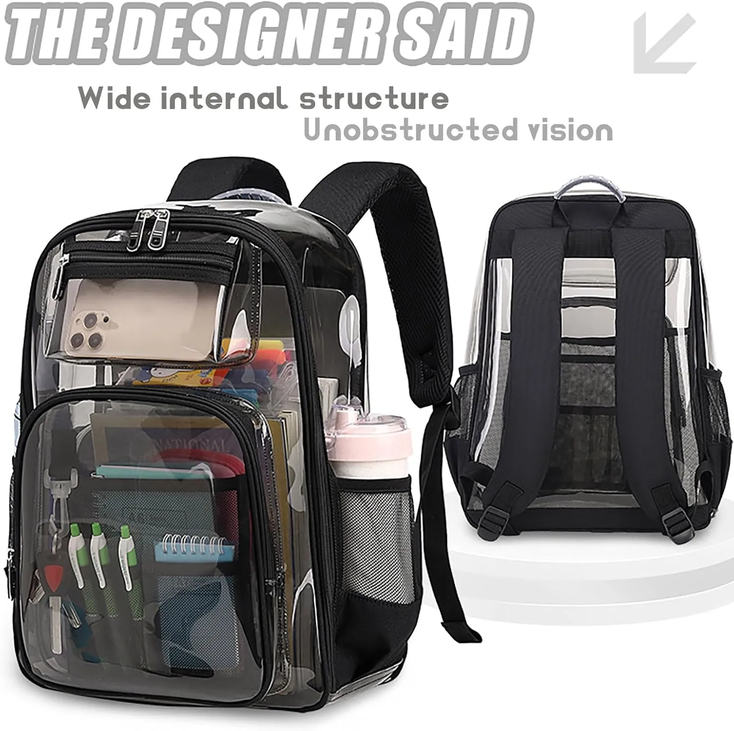 Clear Backpack, Heavy Duty Clear Bags Transparent Bookbag with Multi-Pockets for School Students Work Travel 3Pcs (Clear Bag Black)