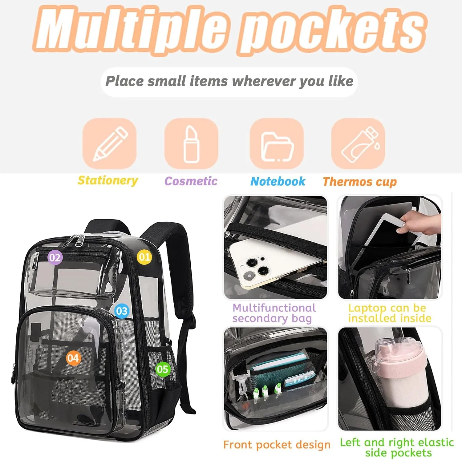 Clear Backpack, Heavy Duty Clear Bags Transparent Bookbag with Multi-Pockets for School Students Work Travel 3Pcs (Clear Bag Black)