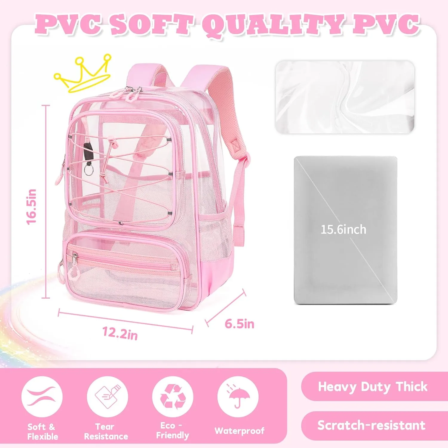 Clear Backpack Heavy Duty for Stadium Events - Large PVC Clear Backpacks for School, kids, Boys and Girls (Pink)