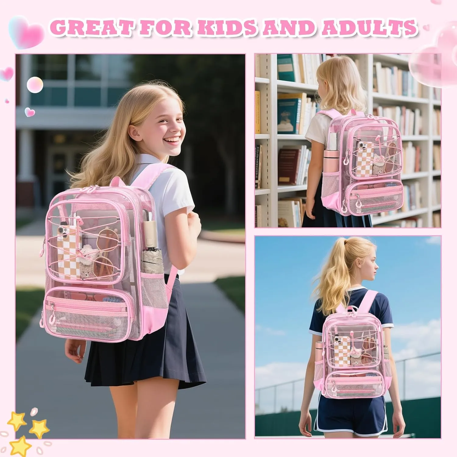 Clear Backpack Heavy Duty for Stadium Events - Large PVC Clear Backpacks for School, kids, Boys and Girls (Pink)