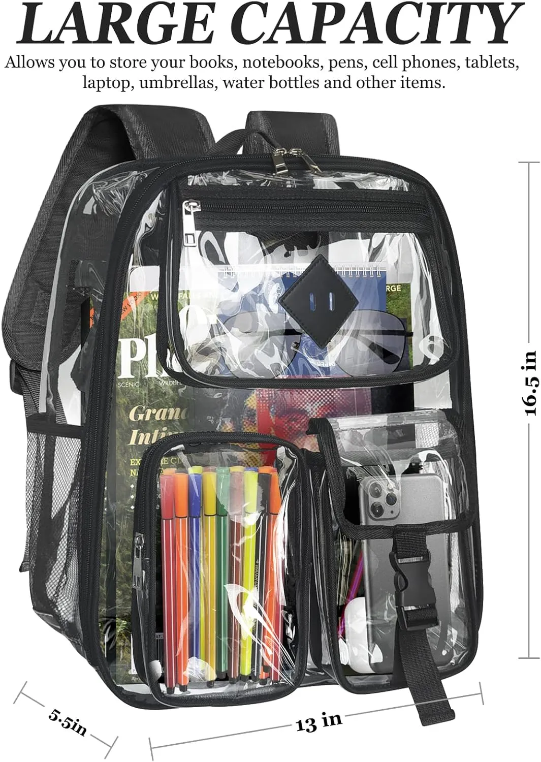 Clear Backpack Heavy Duty Large PVC Transparent See Through Backpacks Work Travel Stadium Approved Festival Backpack (Black)
