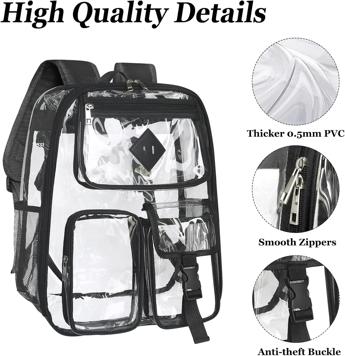 Clear Backpack Heavy Duty Large PVC Transparent See Through Backpacks Work Travel Stadium Approved Festival Backpack (Black)