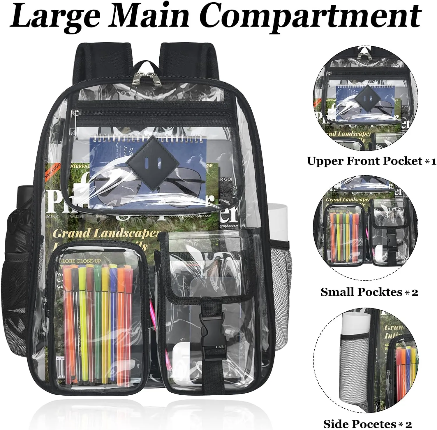 Clear Backpack Heavy Duty Large PVC Transparent See Through Backpacks Work Travel Stadium Approved Festival Backpack (Black)
