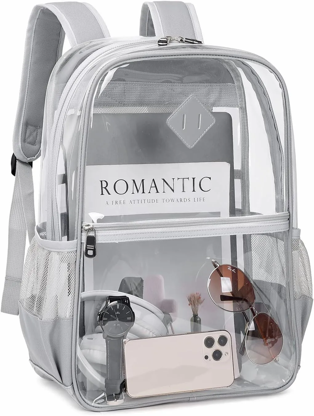 Clear Backpack, Heavy Duty See Through Daypack for Travel, Work, Security, Concerts, College Transparent PVC bookback Stadium Approved, Grey