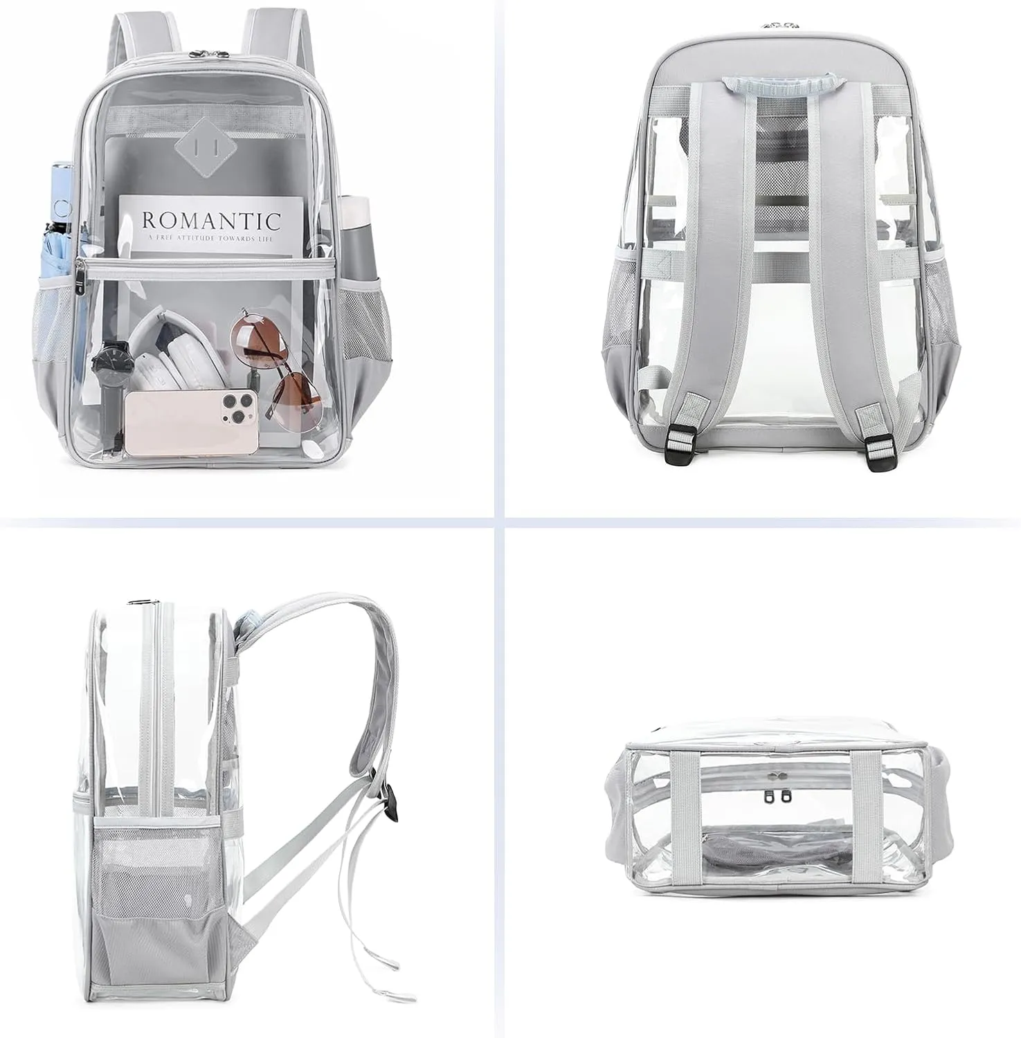 Clear Backpack, Heavy Duty See Through Daypack for Travel, Work, Security, Concerts, College Transparent PVC bookback Stadium Approved, Grey
