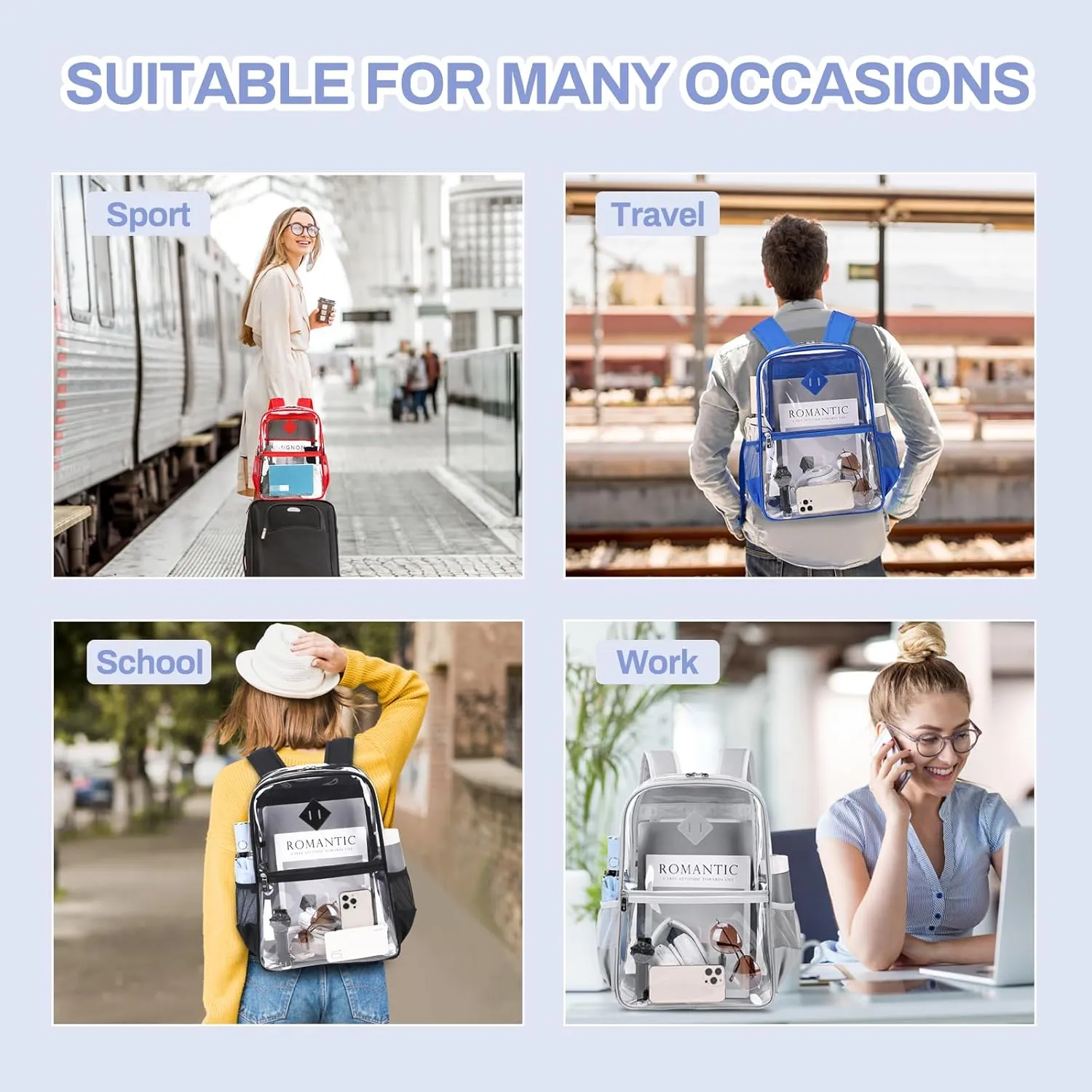 Clear Backpack, Heavy Duty See Through Daypack for Travel, Work, Security, Concerts, College Transparent PVC bookback Stadium Approved, Grey