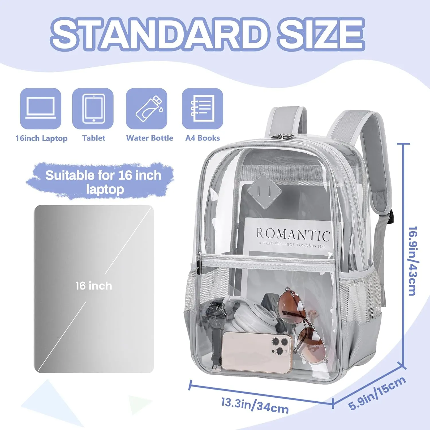 Clear Backpack, Heavy Duty See Through Daypack for Travel, Work, Security, Concerts, College Transparent PVC bookback Stadium Approved, Grey