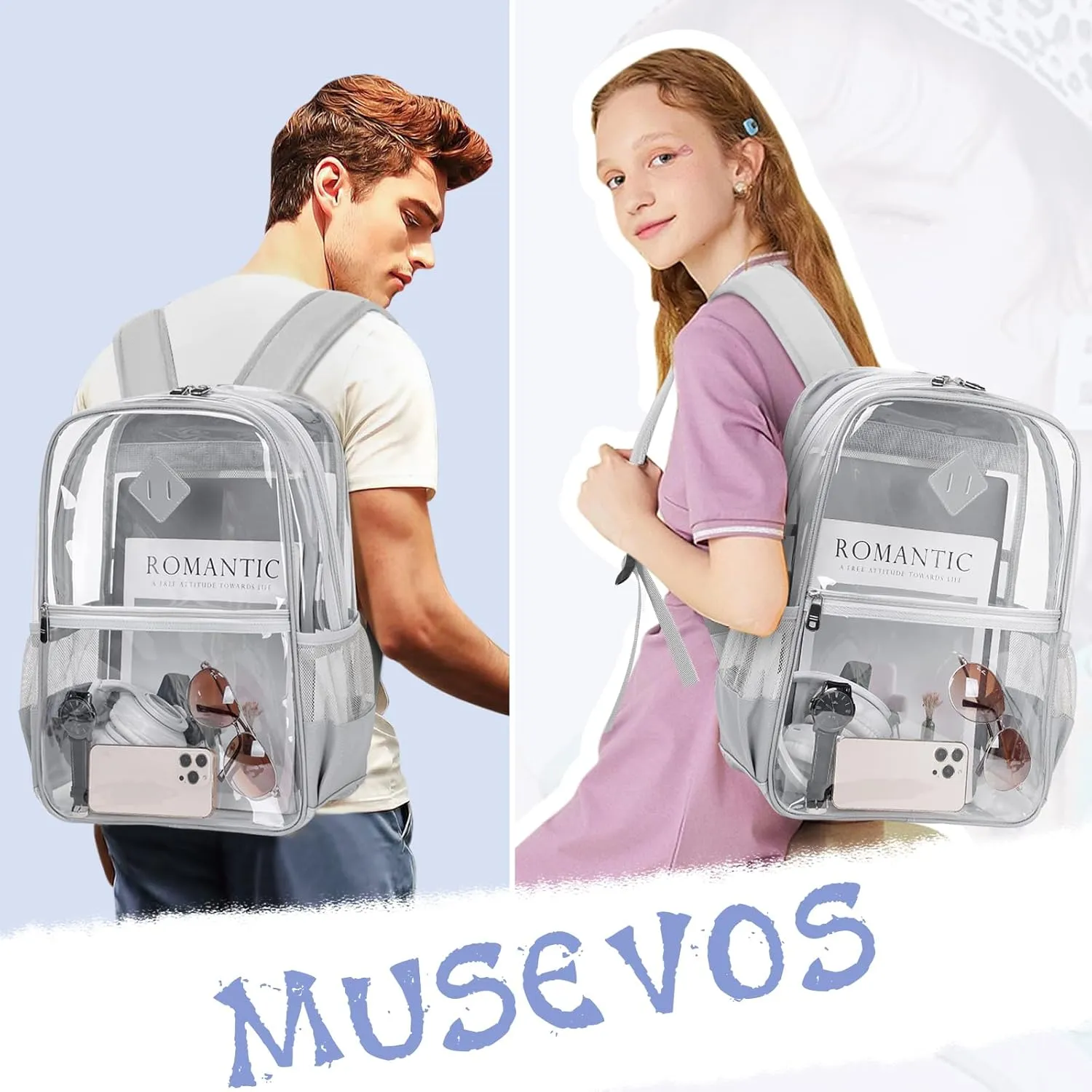 Clear Backpack, Heavy Duty See Through Daypack for Travel, Work, Security, Concerts, College Transparent PVC bookback Stadium Approved, Grey