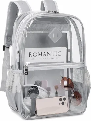 Clear Backpack, Heavy Duty See Through Daypack for Travel, Work, Security, Concerts, College Transparent PVC bookback Stadium Approved, Grey