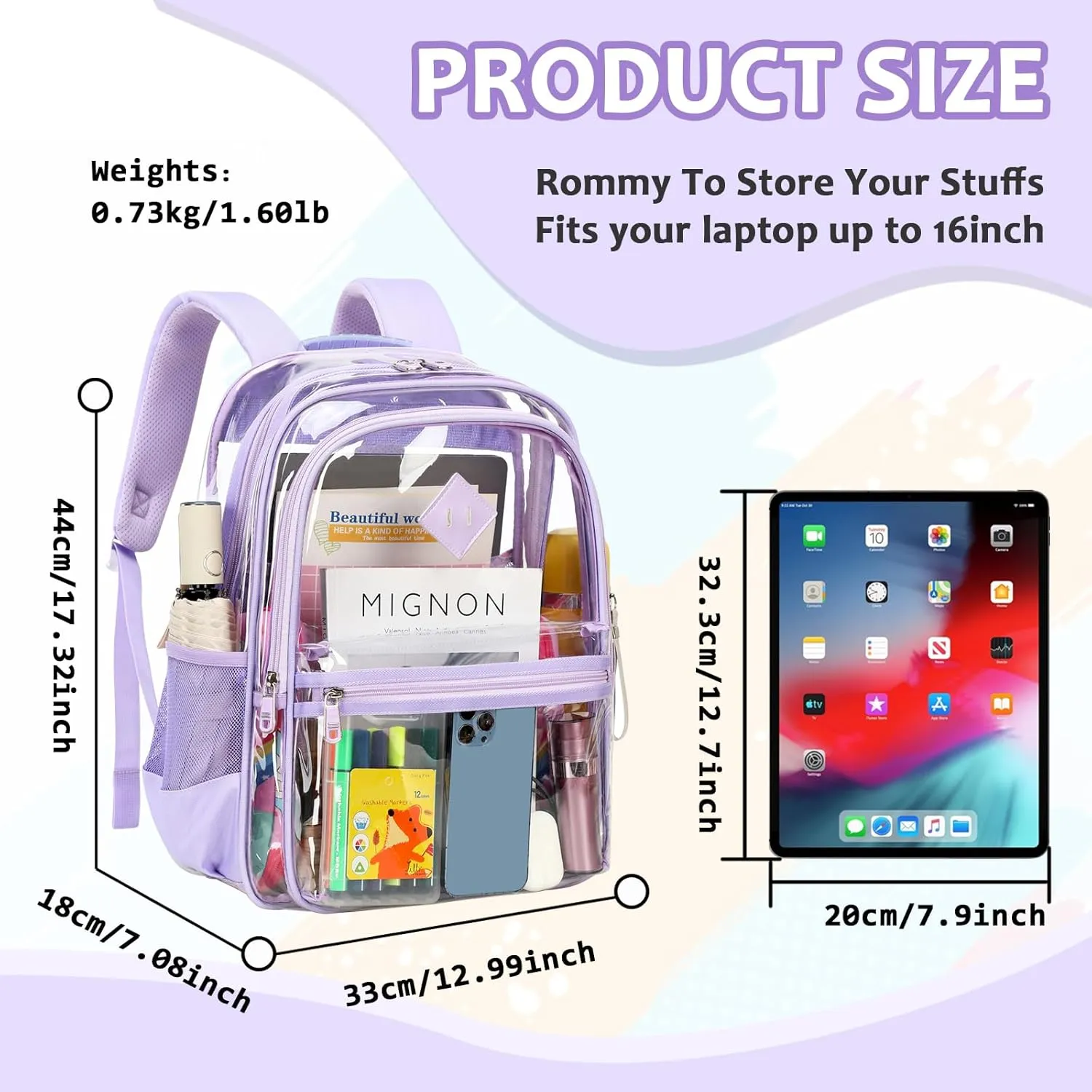 Clear Backpack Heavy Duty, Thriple Compartments Transparent Backpack PVC See Through Bookbag for Girls Women for Stadium Events College Work Festival,Purple