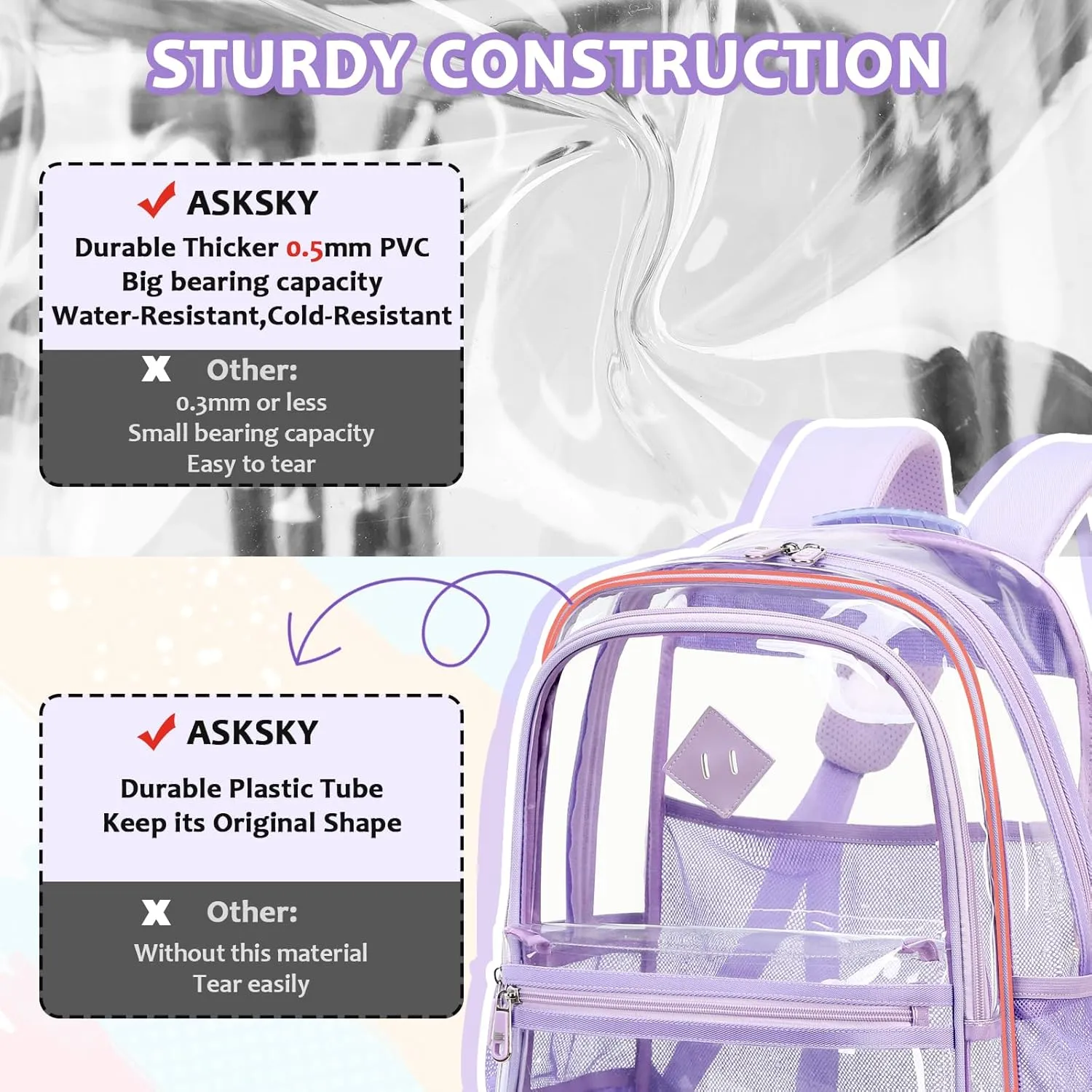 Clear Backpack Heavy Duty, Thriple Compartments Transparent Backpack PVC See Through Bookbag for Girls Women for Stadium Events College Work Festival,Purple