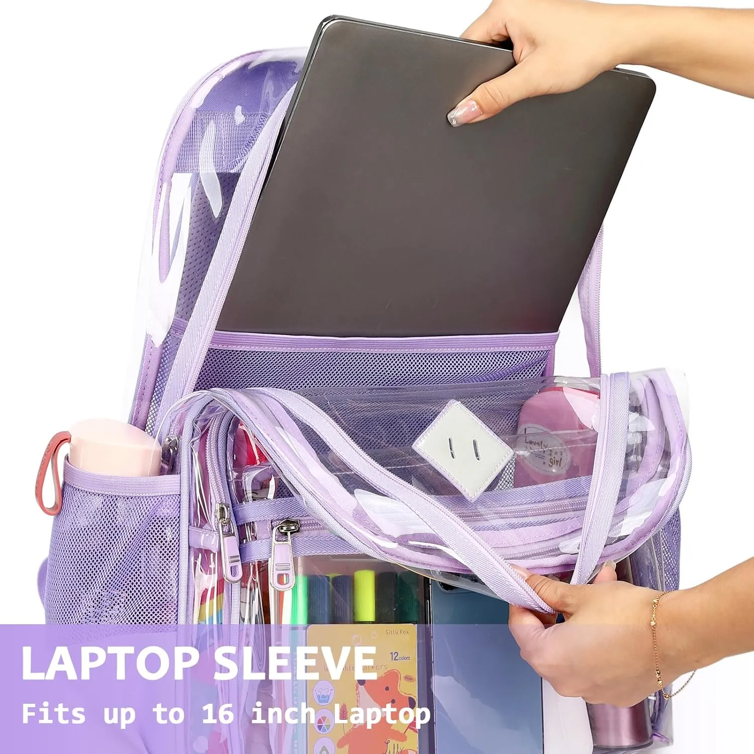 Clear Backpack Heavy Duty, Thriple Compartments Transparent Backpack PVC See Through Bookbag for Girls Women for Stadium Events College Work Festival,Purple