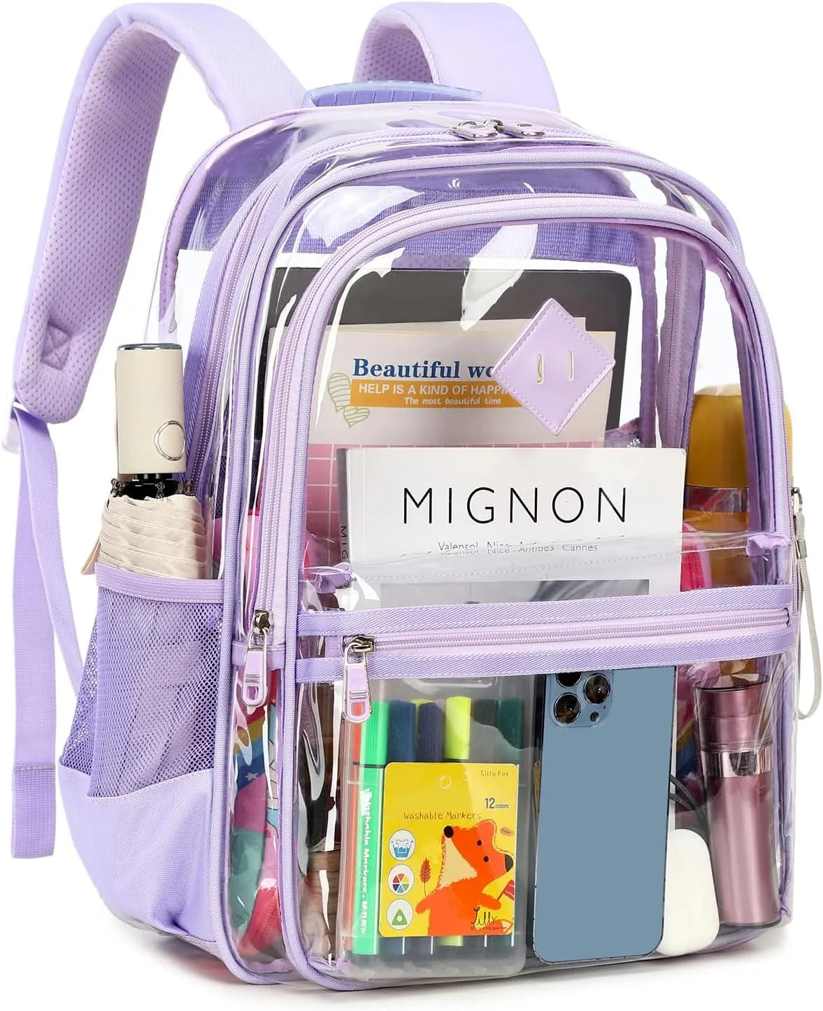 Clear Backpack Heavy Duty, Thriple Compartments Transparent Backpack PVC See Through Bookbag for Girls Women for Stadium Events College Work Festival,Purple