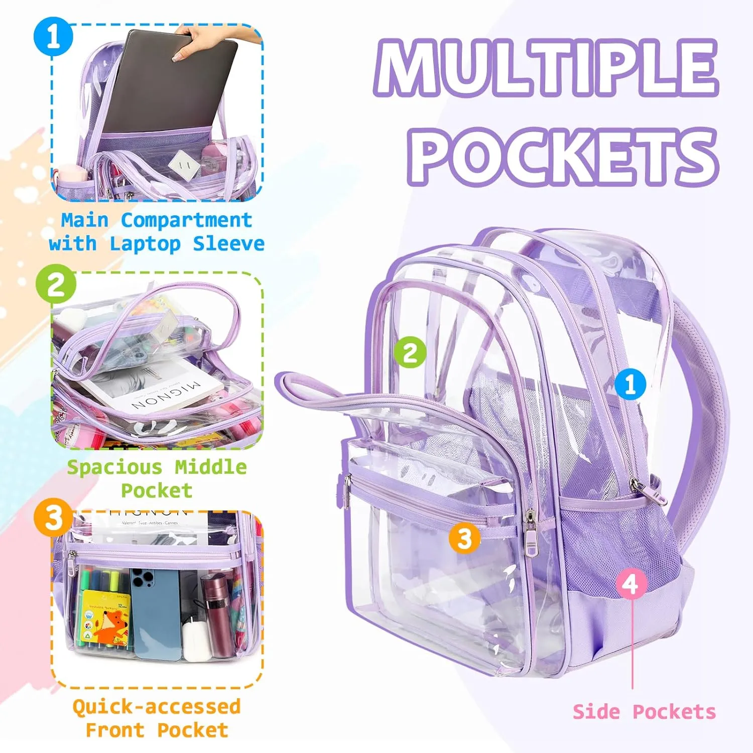 Clear Backpack Heavy Duty, Thriple Compartments Transparent Backpack PVC See Through Bookbag for Girls Women for Stadium Events College Work Festival,Purple