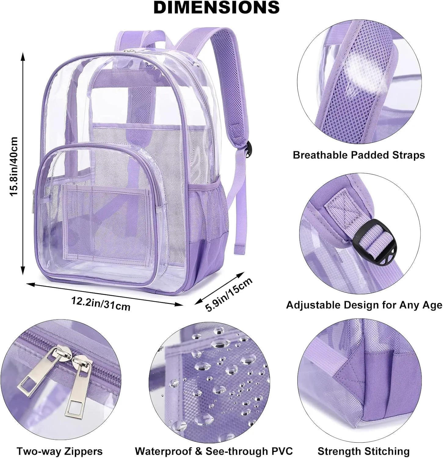 Clear Backpack School Backpack Bookbag for Girls Boys Women Men, Heavy Duty See Through Transparent Backpacks (Lavender Purple)
